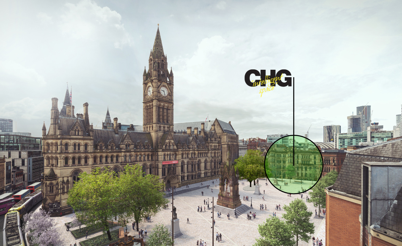 Aerial view of Albert Square with Carlton House